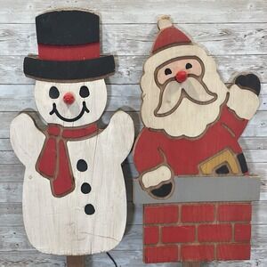 Two Vintage Christmas‎ Wood 4ft Garden Stakes Santa Snowman Nose Light Bulbs
